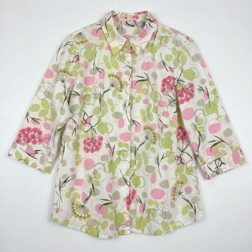 Kim Rogers Button Down Shirt Women 16W Pink Green Floral Garden Casual Top